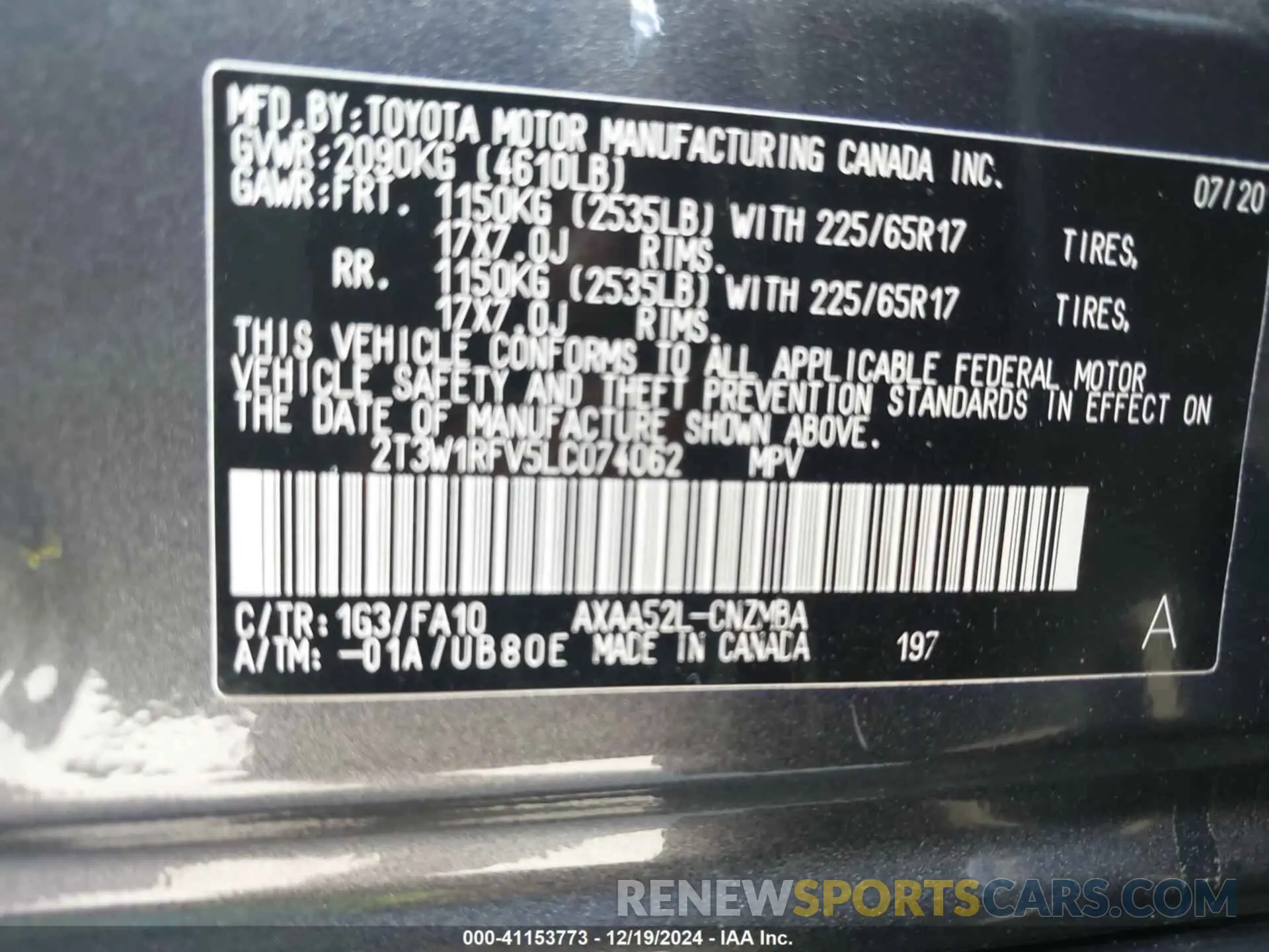 9 fotografías del automóvil dañado 2T3W1RFV5LC074062 TOYOTA RAV4 2020