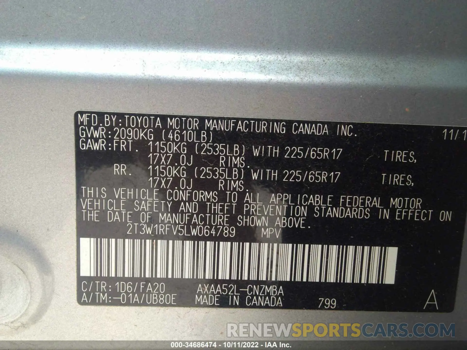 9 fotografías del automóvil dañado 2T3W1RFV5LW064789 TOYOTA RAV4 2020
