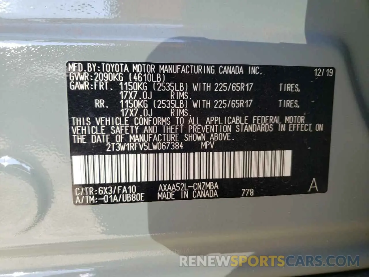 10 fotografías del automóvil dañado 2T3W1RFV5LW067384 TOYOTA RAV4 2020