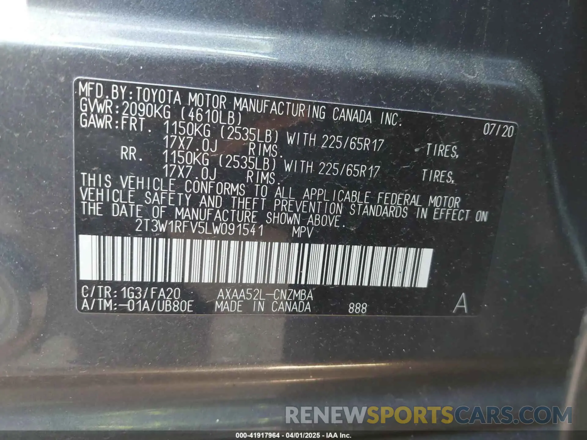 9 fotografías del automóvil dañado 2T3W1RFV5LW091541 TOYOTA RAV4 2020