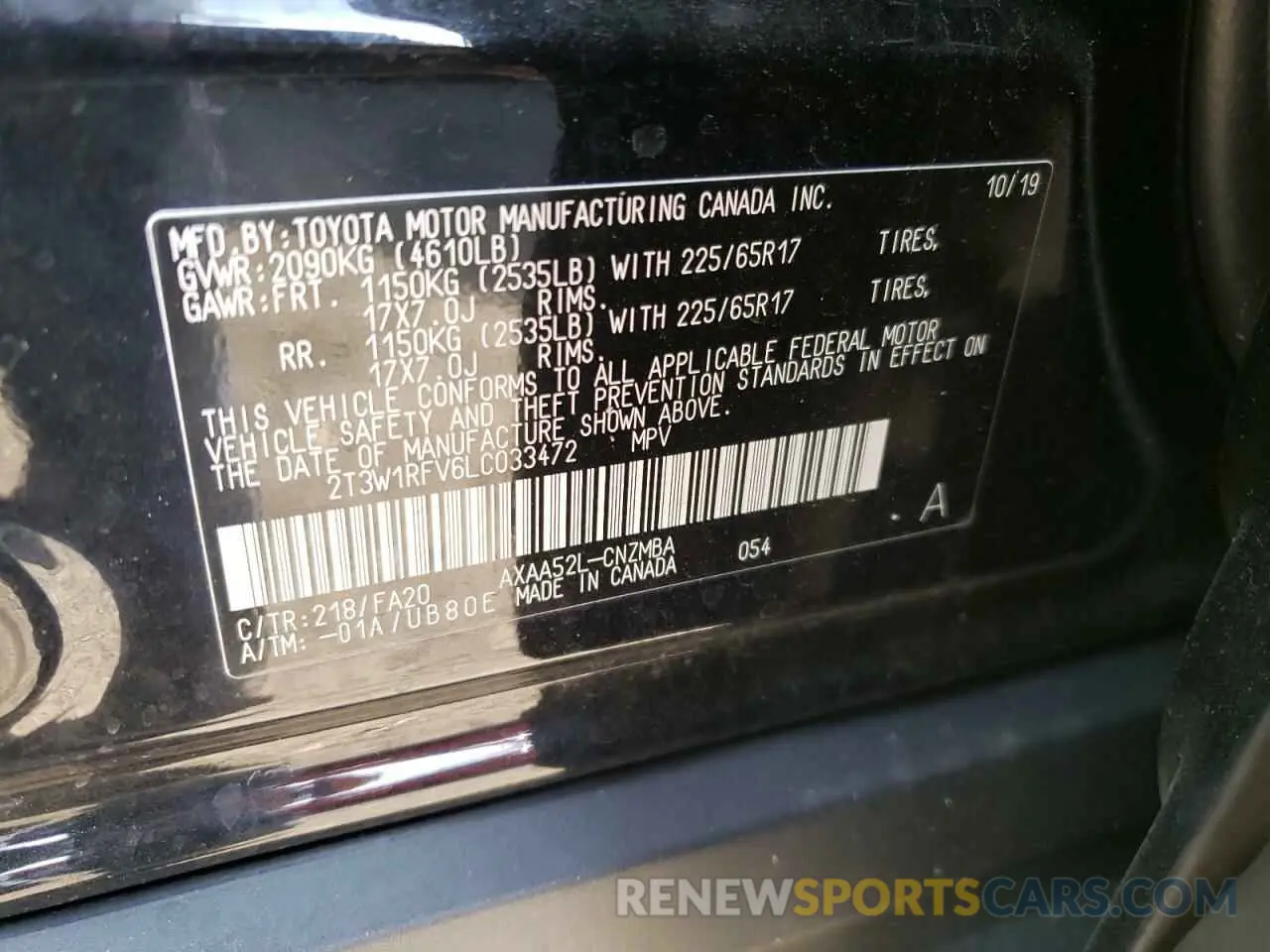 10 fotografías del automóvil dañado 2T3W1RFV6LC033472 TOYOTA RAV4 2020