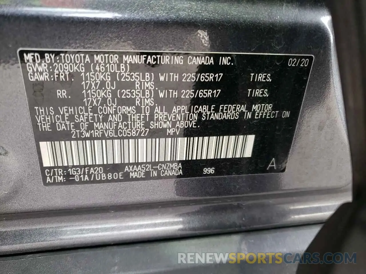 14 fotografías del automóvil dañado 2T3W1RFV6LC058727 TOYOTA RAV4 2020