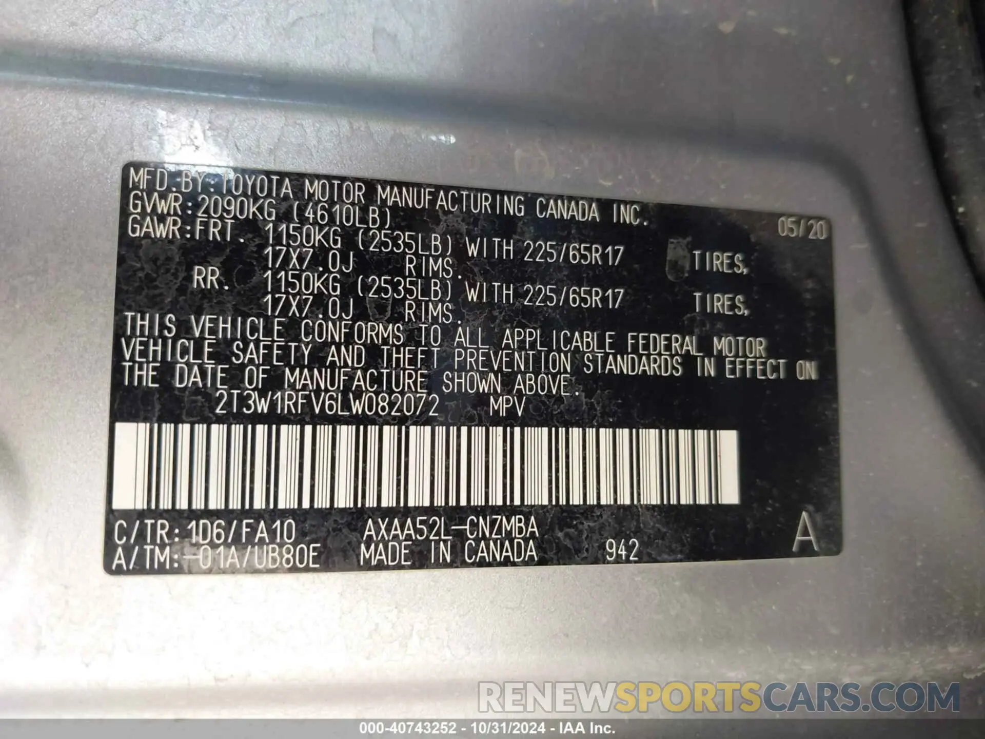 9 fotografías del automóvil dañado 2T3W1RFV6LW082072 TOYOTA RAV4 2020