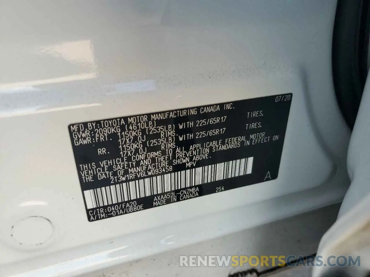 14 fotografías del automóvil dañado 2T3W1RFV6LW093458 TOYOTA RAV4 2020