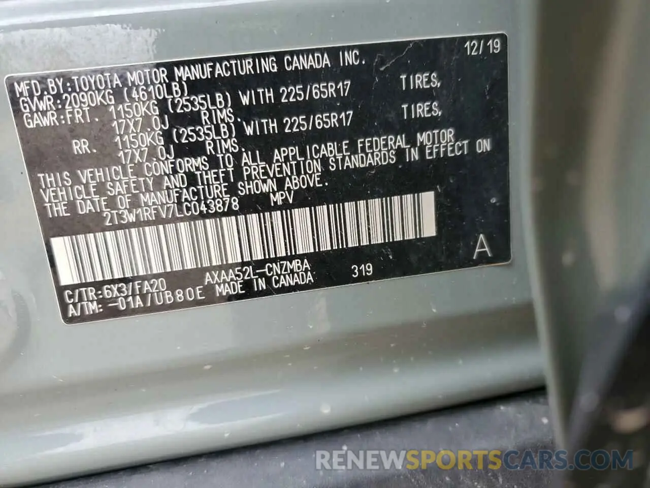 14 fotografías del automóvil dañado 2T3W1RFV7LC043878 TOYOTA RAV4 2020