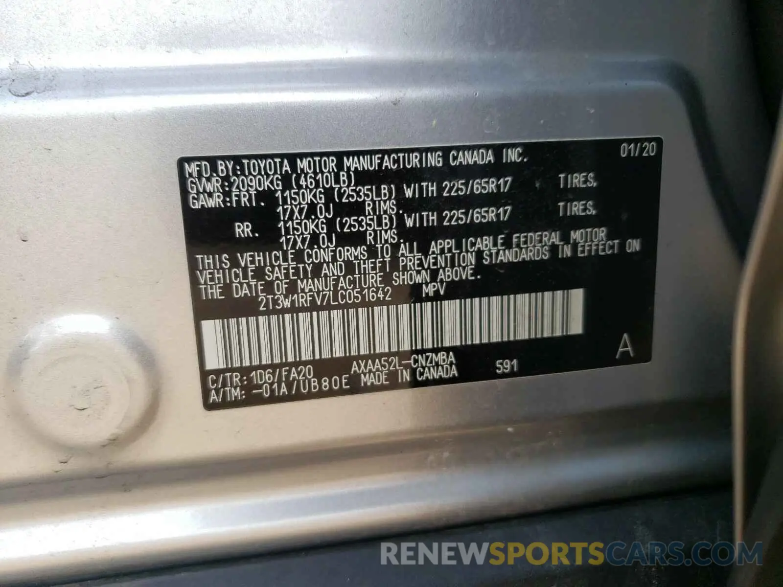 10 fotografías del automóvil dañado 2T3W1RFV7LC051642 TOYOTA RAV4 2020