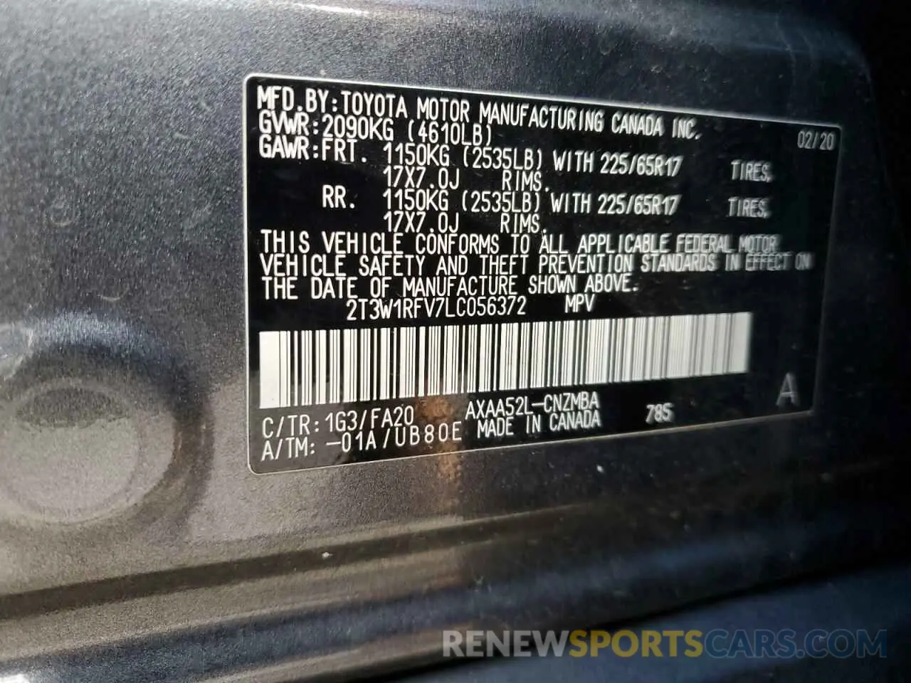 14 fotografías del automóvil dañado 2T3W1RFV7LC056372 TOYOTA RAV4 2020