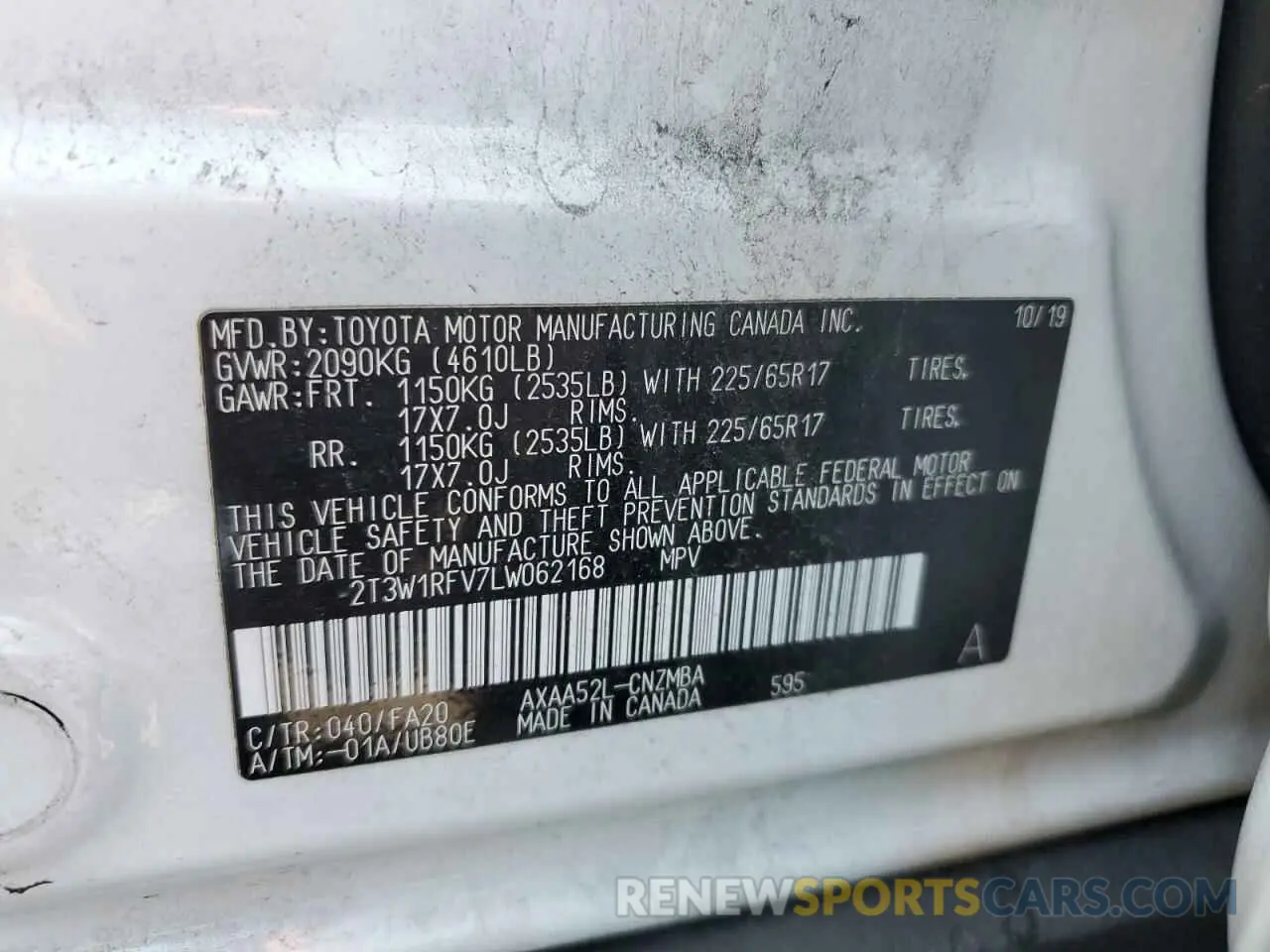 14 fotografías del automóvil dañado 2T3W1RFV7LW062168 TOYOTA RAV4 2020