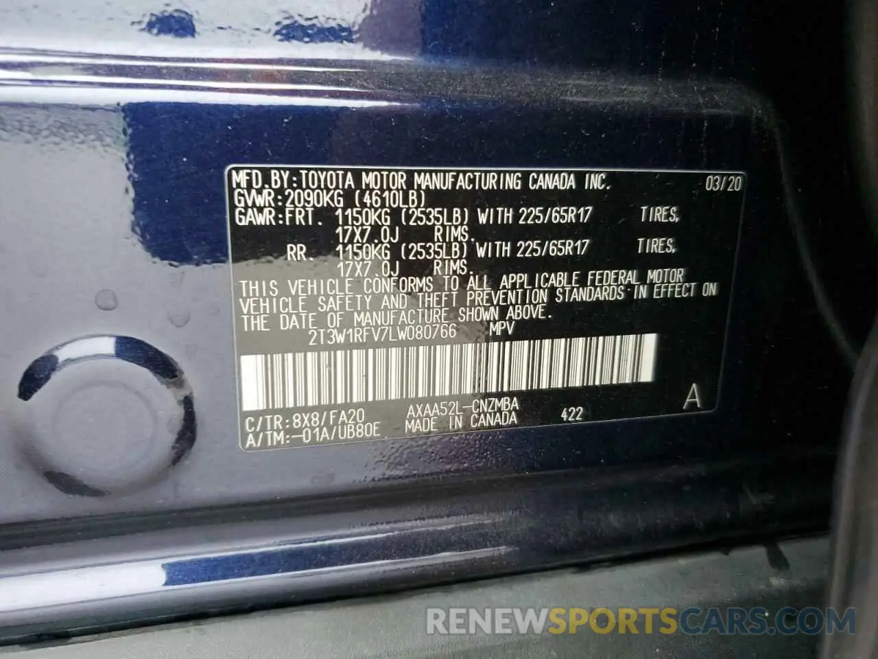 12 fotografías del automóvil dañado 2T3W1RFV7LW080766 TOYOTA RAV4 2020