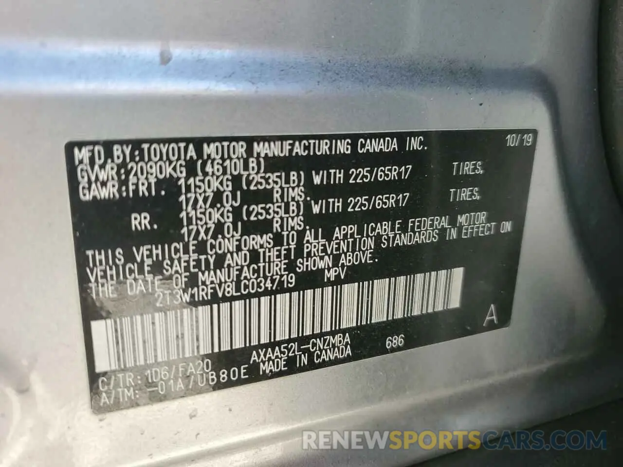 13 fotografías del automóvil dañado 2T3W1RFV8LC034719 TOYOTA RAV4 2020