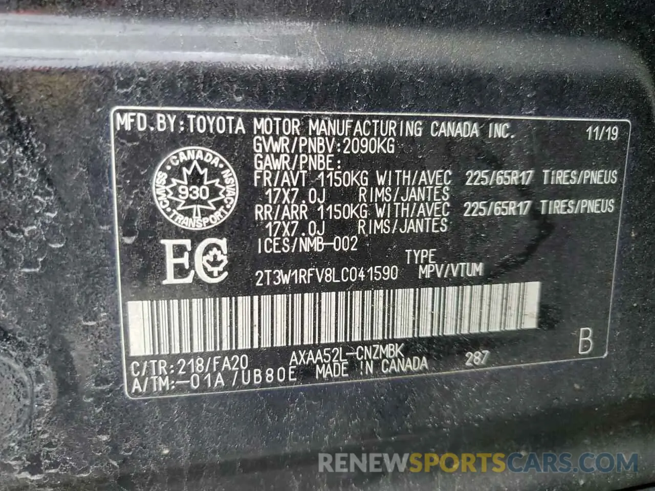12 fotografías del automóvil dañado 2T3W1RFV8LC041590 TOYOTA RAV4 2020