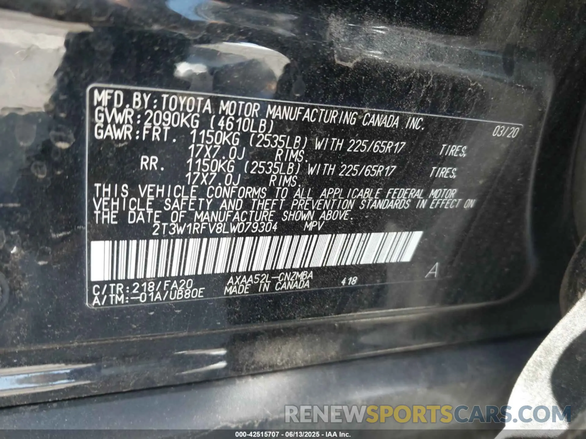 9 fotografías del automóvil dañado 2T3W1RFV8LW079304 TOYOTA RAV4 2020