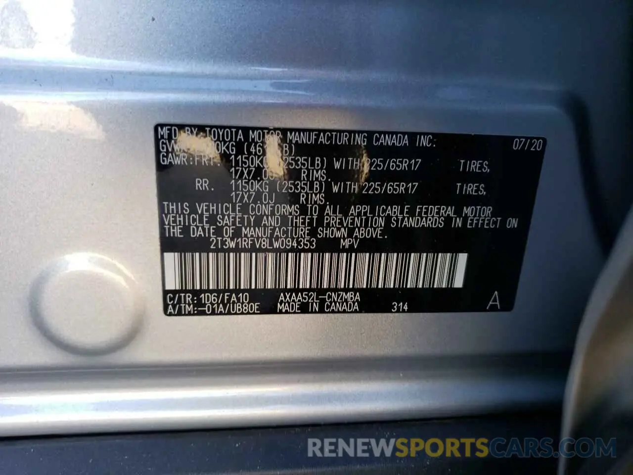 13 fotografías del automóvil dañado 2T3W1RFV8LW094353 TOYOTA RAV4 2020