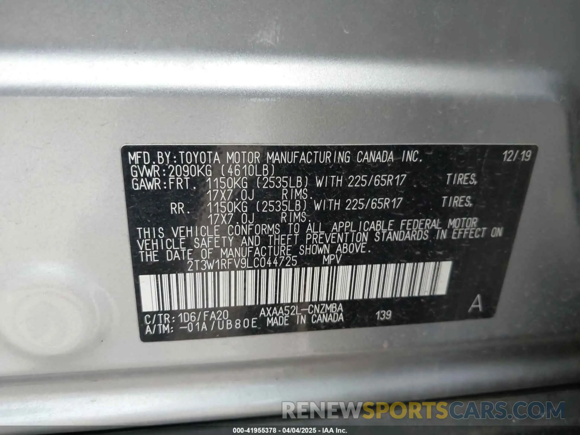 9 fotografías del automóvil dañado 2T3W1RFV9LC044725 TOYOTA RAV4 2020
