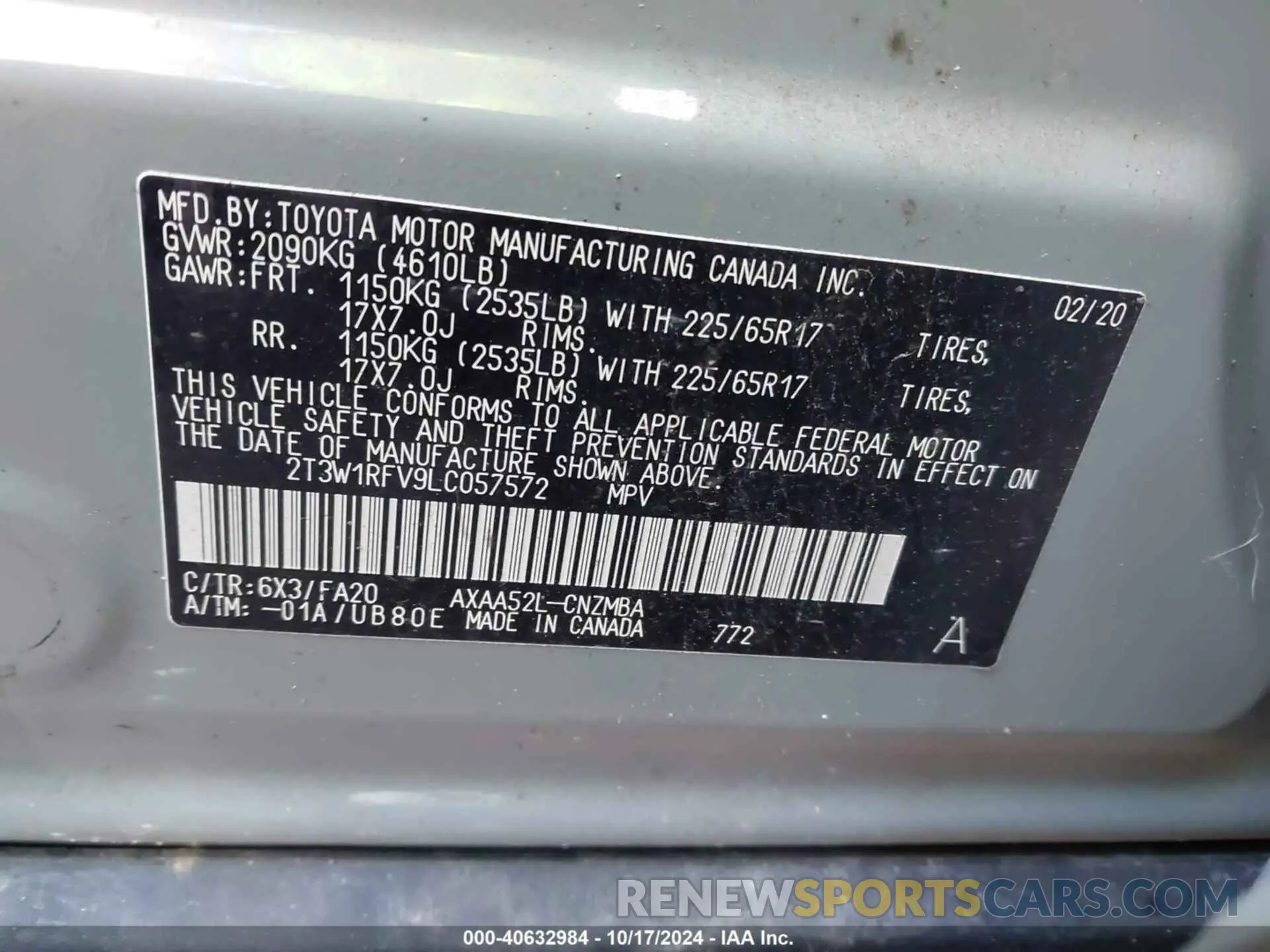 9 fotografías del automóvil dañado 2T3W1RFV9LC057572 TOYOTA RAV4 2020
