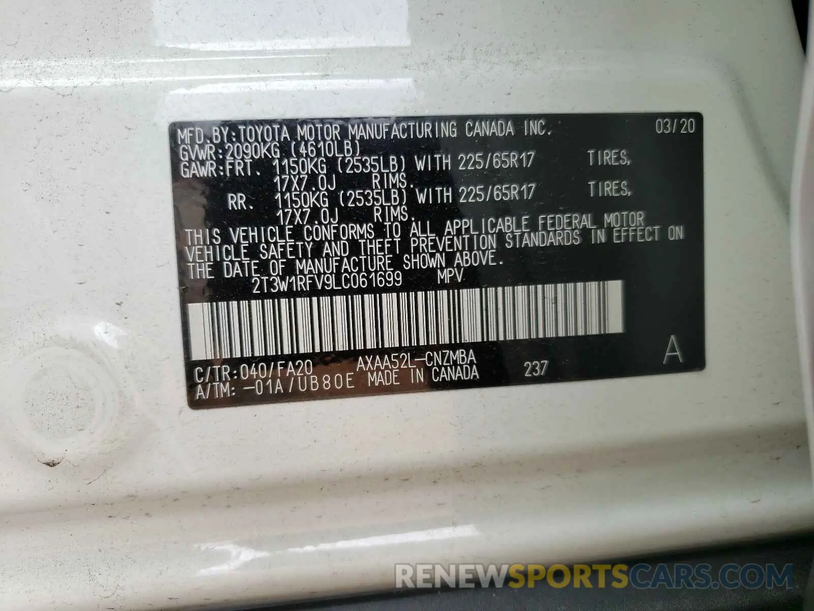10 fotografías del automóvil dañado 2T3W1RFV9LC061699 TOYOTA RAV4 2020
