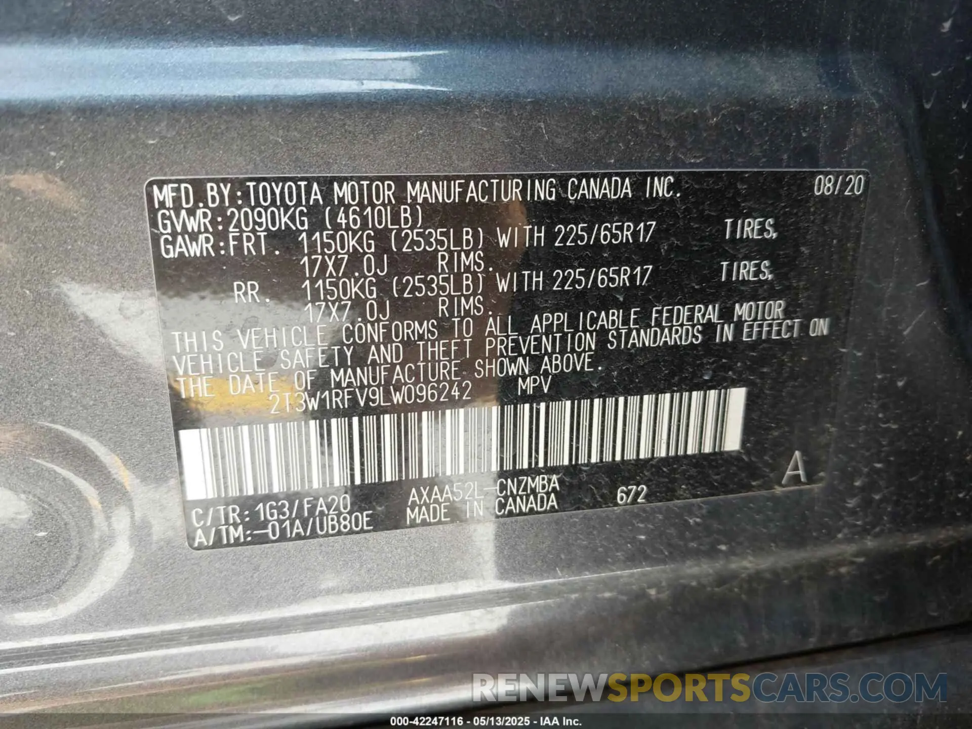 9 fotografías del automóvil dañado 2T3W1RFV9LW096242 TOYOTA RAV4 2020