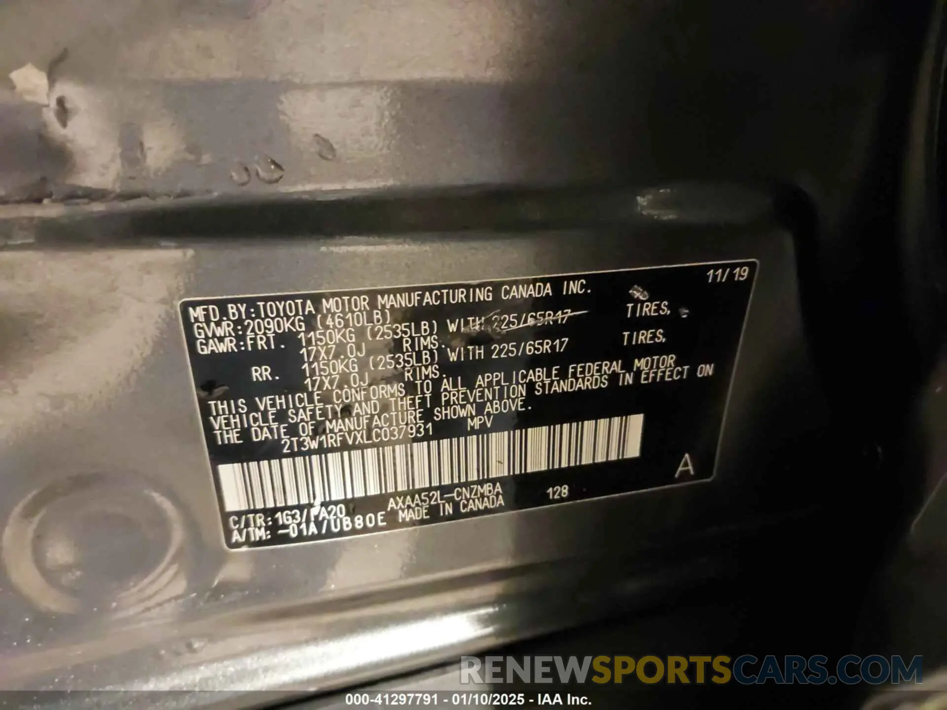 9 fotografías del automóvil dañado 2T3W1RFVXLC037931 TOYOTA RAV4 2020
