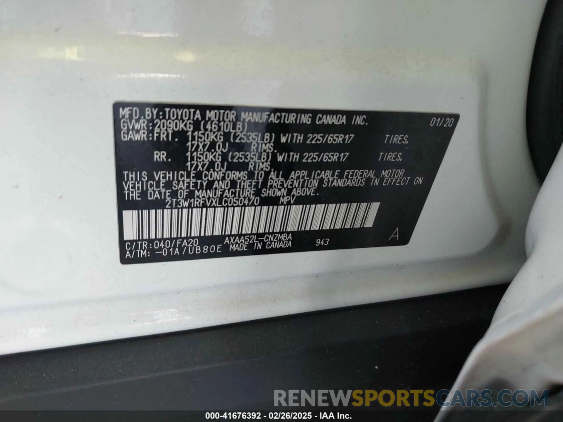 9 fotografías del automóvil dañado 2T3W1RFVXLC050470 TOYOTA RAV4 2020
