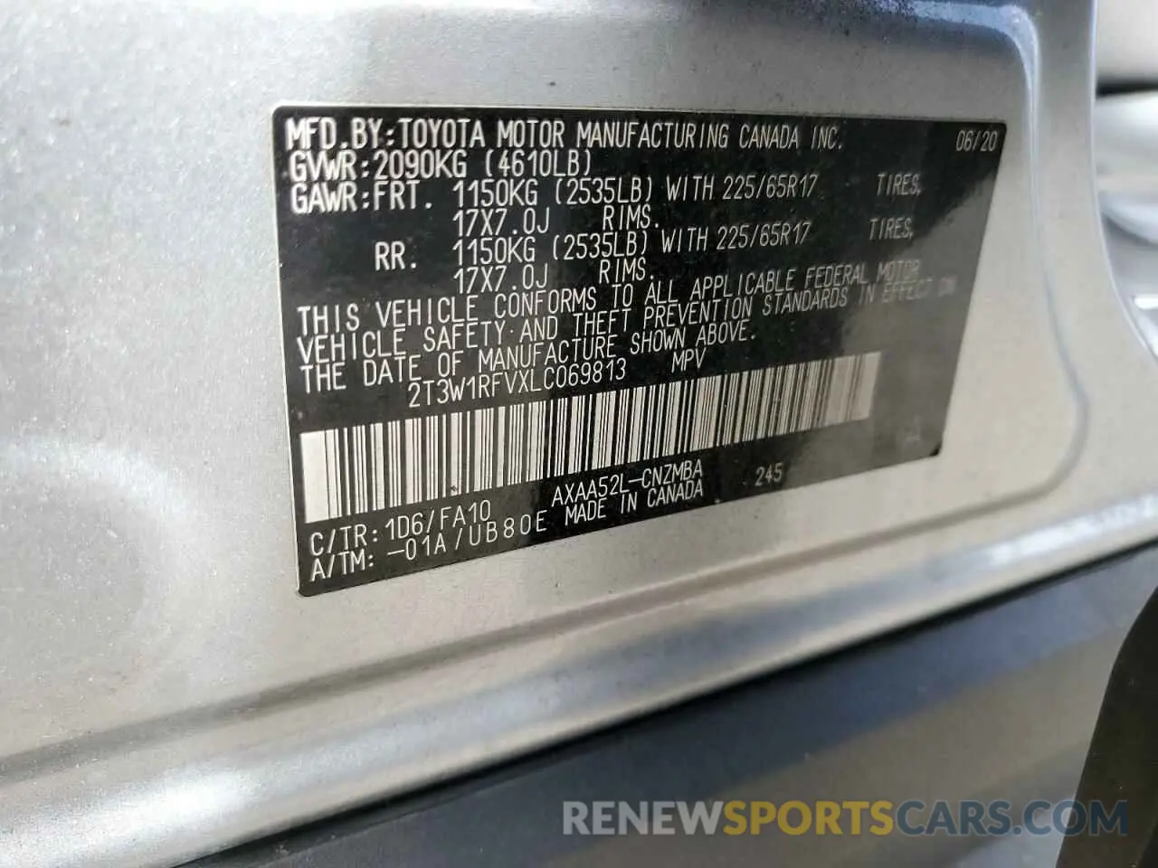 13 fotografías del automóvil dañado 2T3W1RFVXLC069813 TOYOTA RAV4 2020