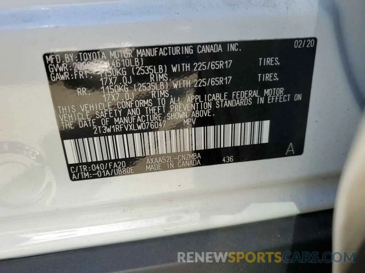 12 fotografías del automóvil dañado 2T3W1RFVXLW076047 TOYOTA RAV4 2020