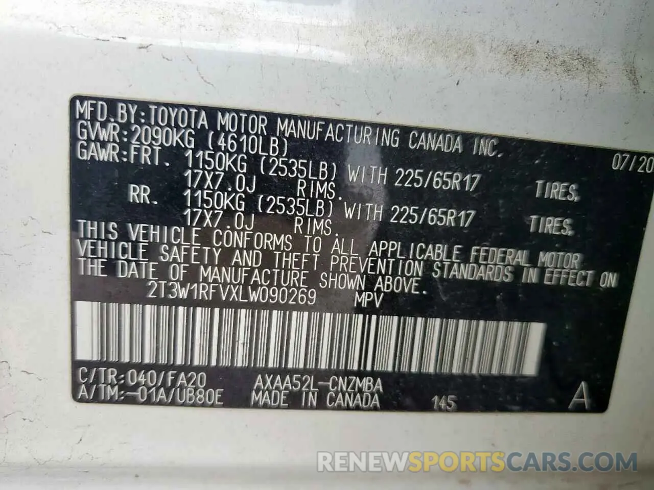 14 fotografías del automóvil dañado 2T3W1RFVXLW090269 TOYOTA RAV4 2020