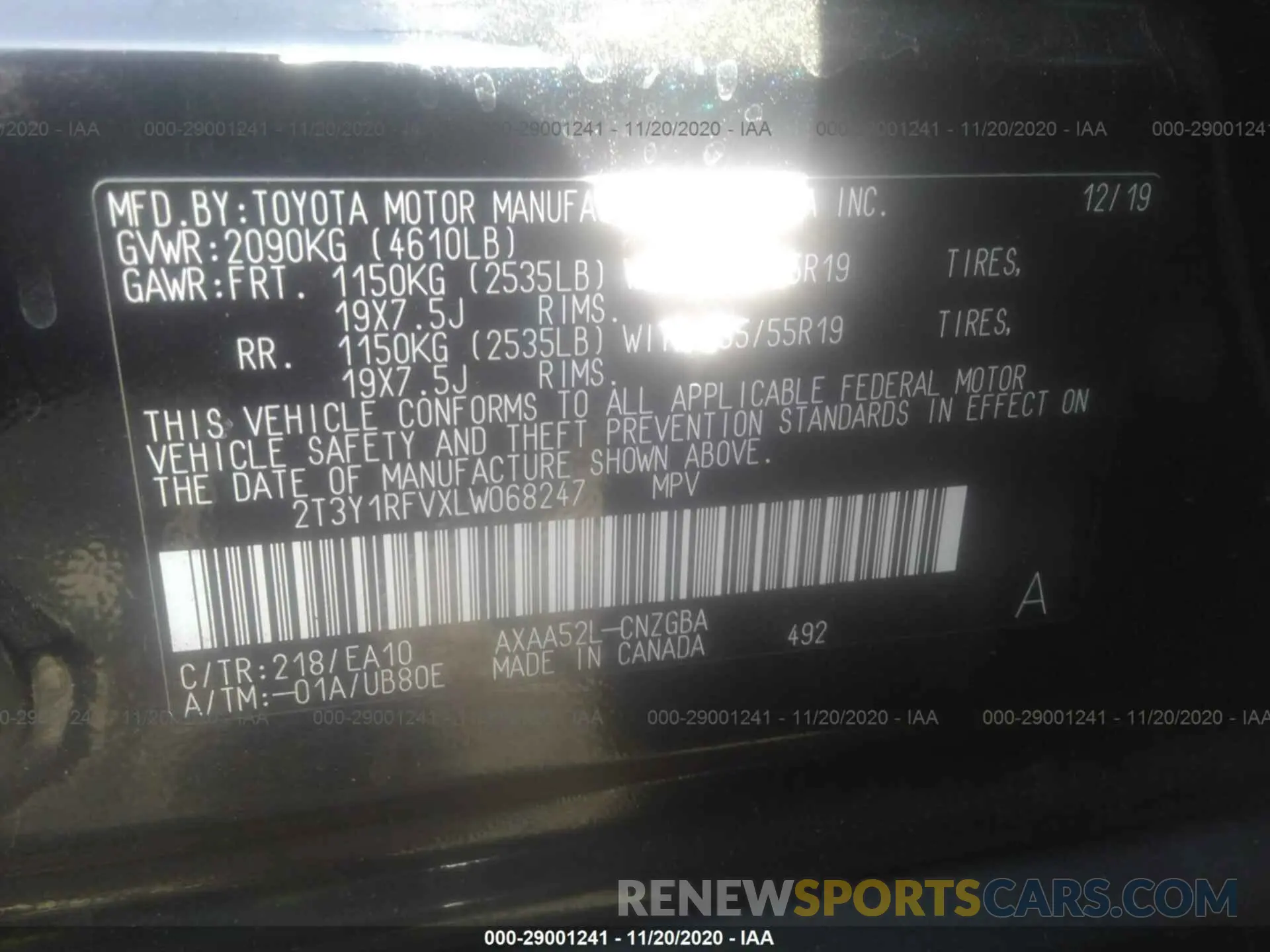 9 fotografías del automóvil dañado 2T3Y1RFVXLW068247 TOYOTA RAV4 2020