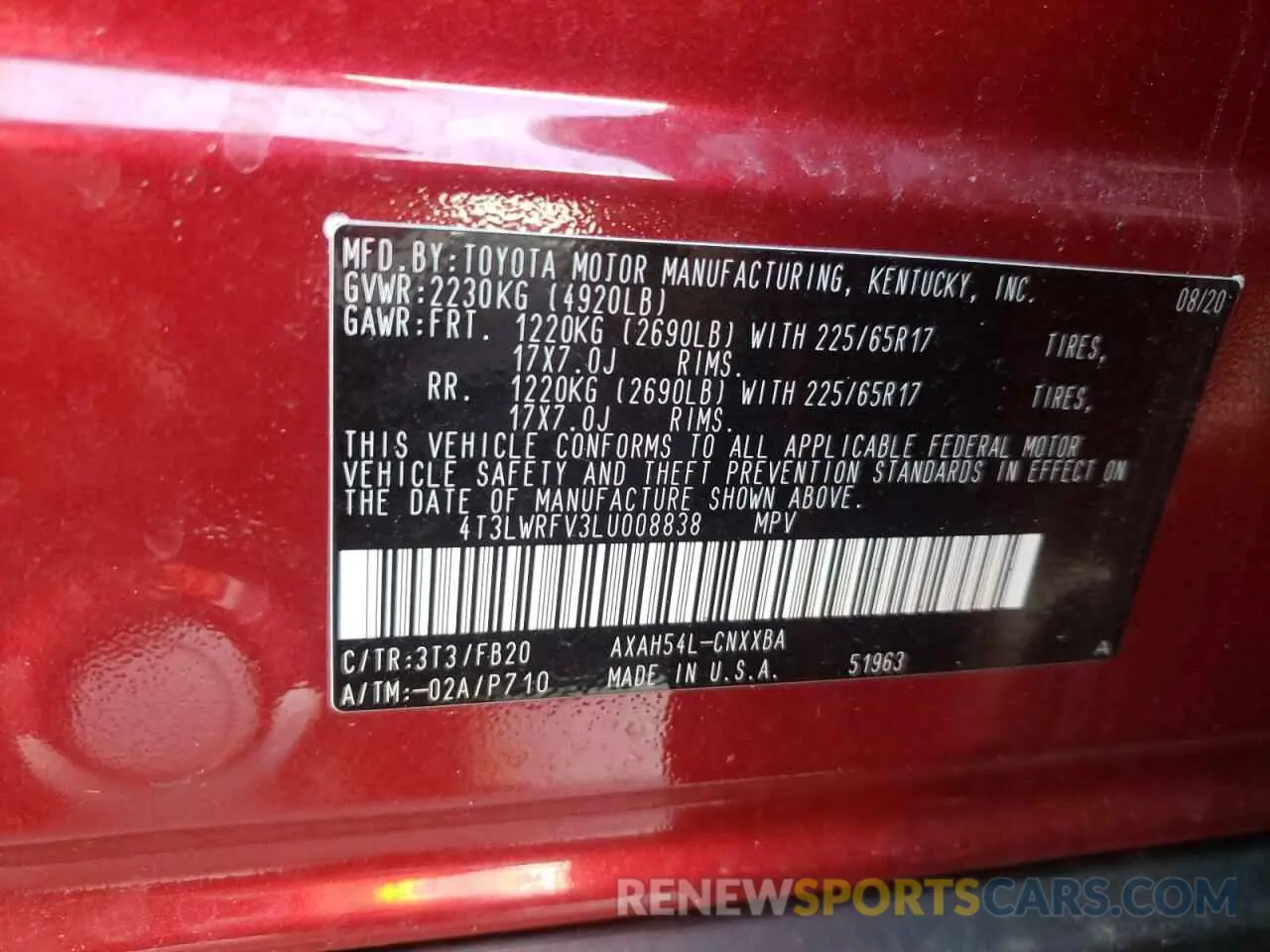 10 fotografías del automóvil dañado 4T3LWRFV3LU008838 TOYOTA RAV4 2020