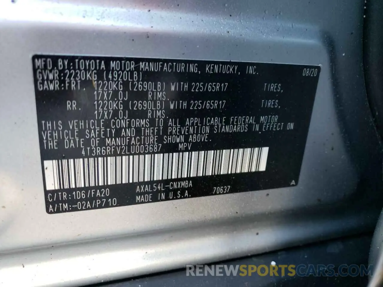 10 fotografías del automóvil dañado 4T3R6RFV2LU003687 TOYOTA RAV4 2020