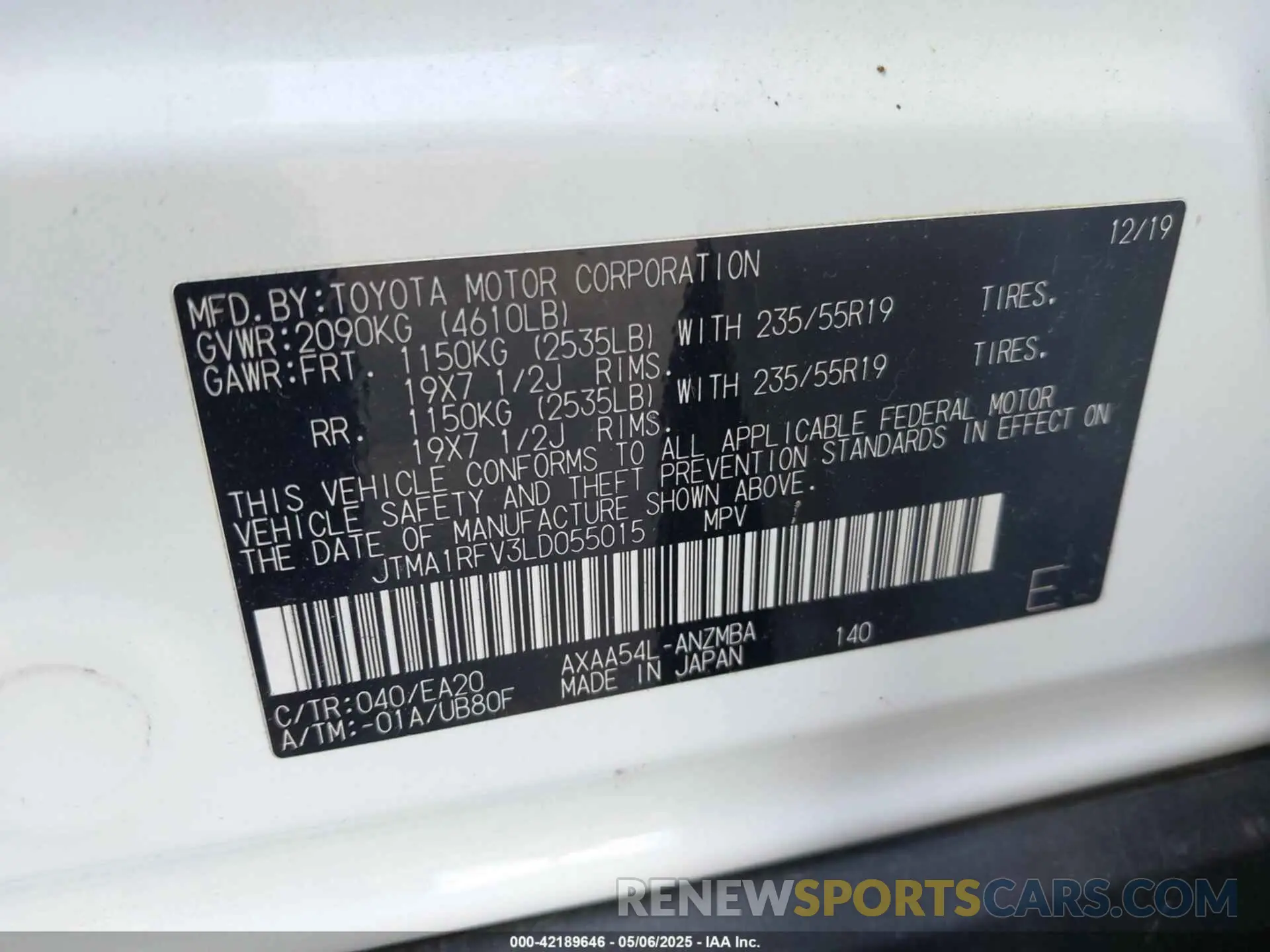 9 fotografías del automóvil dañado JTMA1RFV3LD055015 TOYOTA RAV4 2020