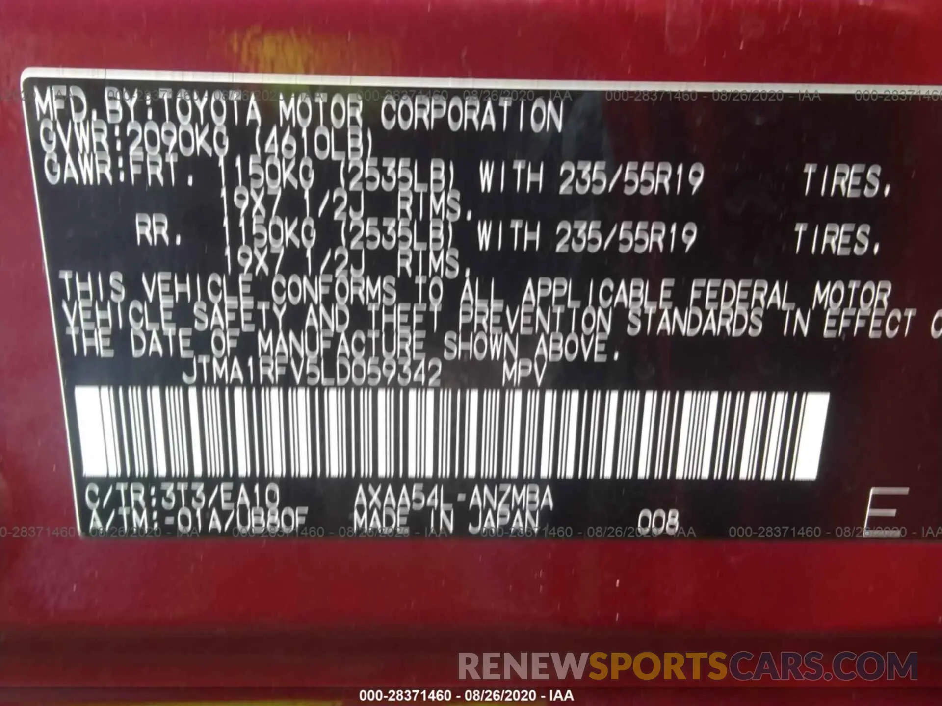 9 fotografías del automóvil dañado JTMA1RFV5LD059342 TOYOTA RAV4 2020