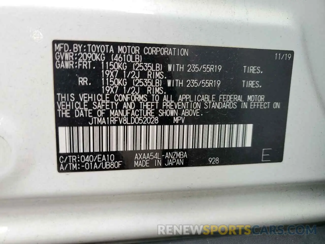 10 fotografías del automóvil dañado JTMA1RFV8LD052028 TOYOTA RAV4 2020