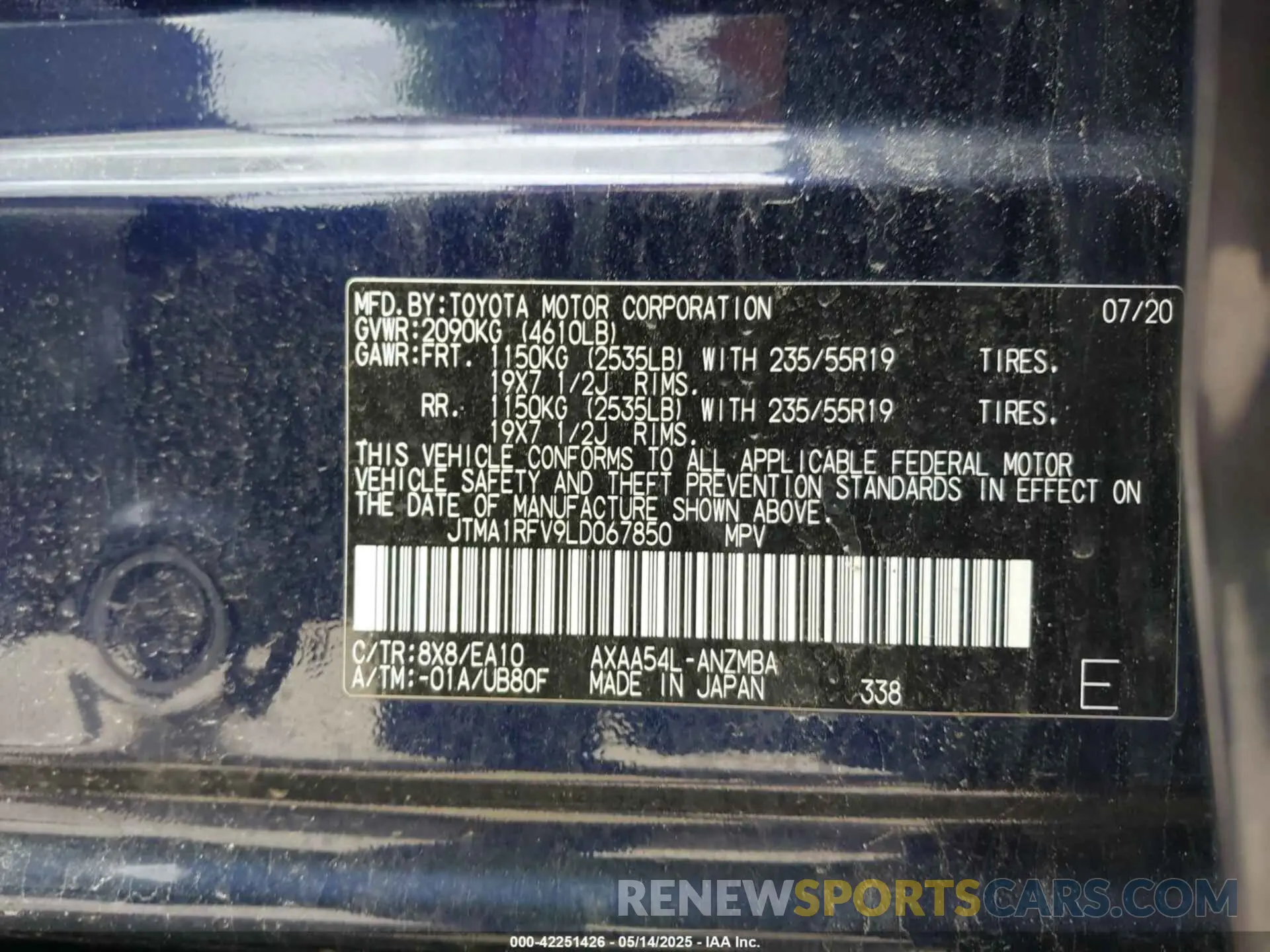 9 fotografías del automóvil dañado JTMA1RFV9LD067850 TOYOTA RAV4 2020