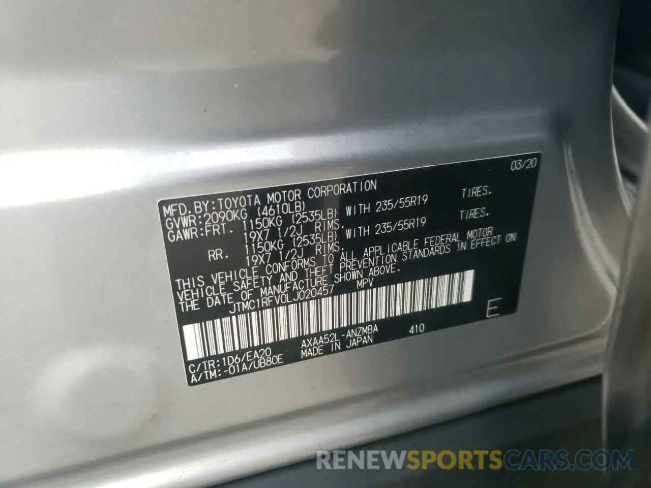 10 fotografías del automóvil dañado JTMC1RFV0LJ020457 TOYOTA RAV4 2020