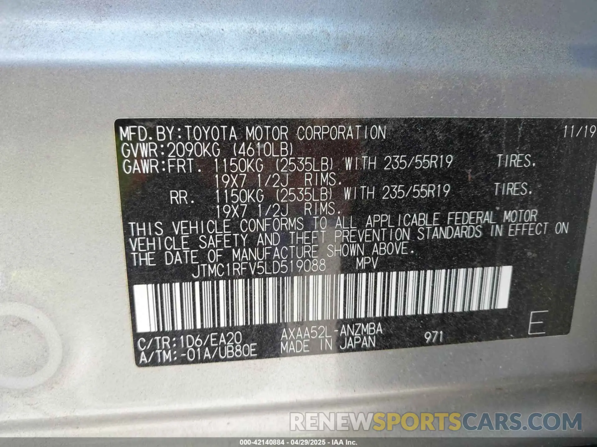 9 fotografías del automóvil dañado JTMC1RFV5LD519088 TOYOTA RAV4 2020