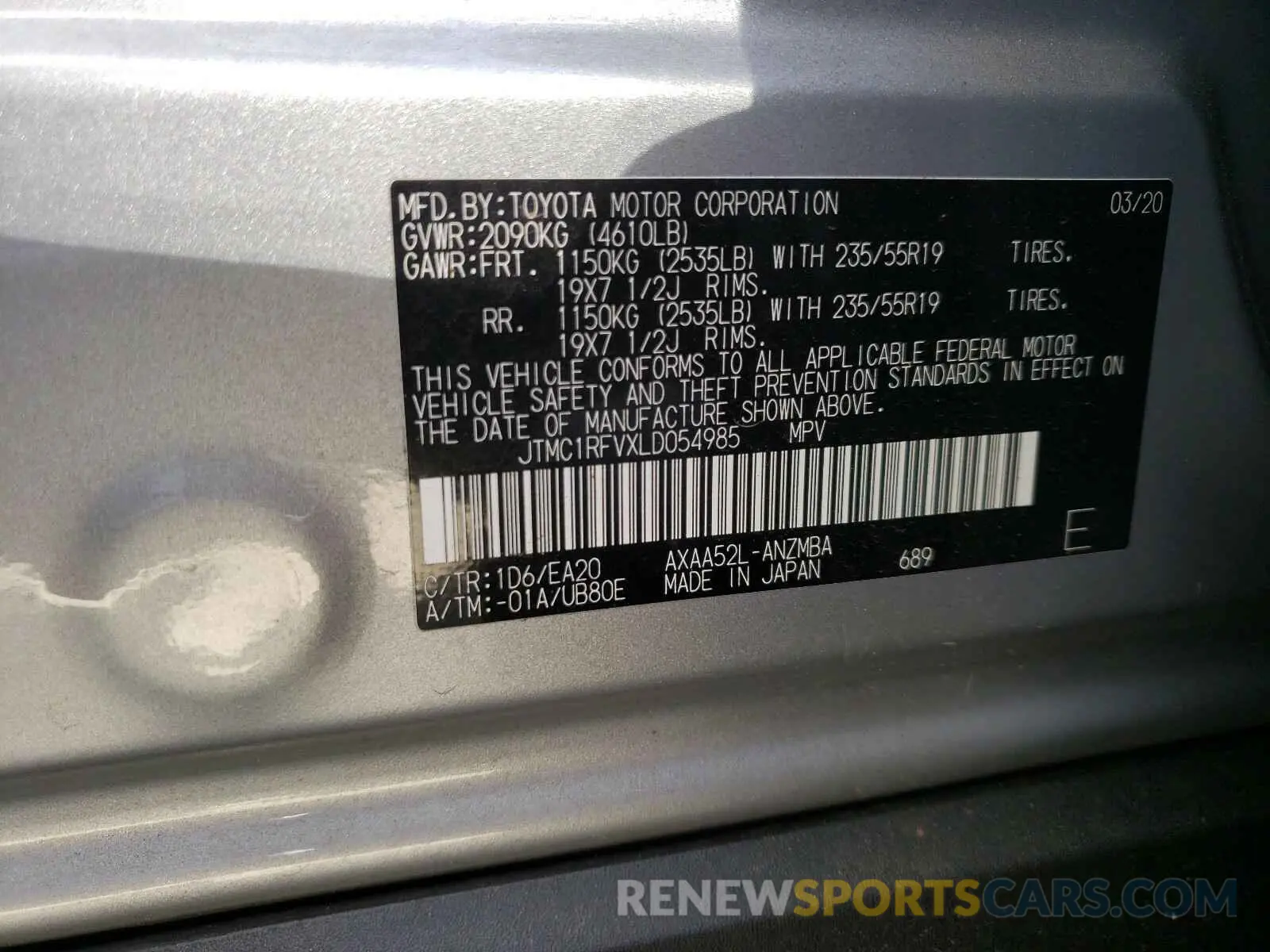 10 fotografías del automóvil dañado JTMC1RFVXLD054985 TOYOTA RAV4 2020
