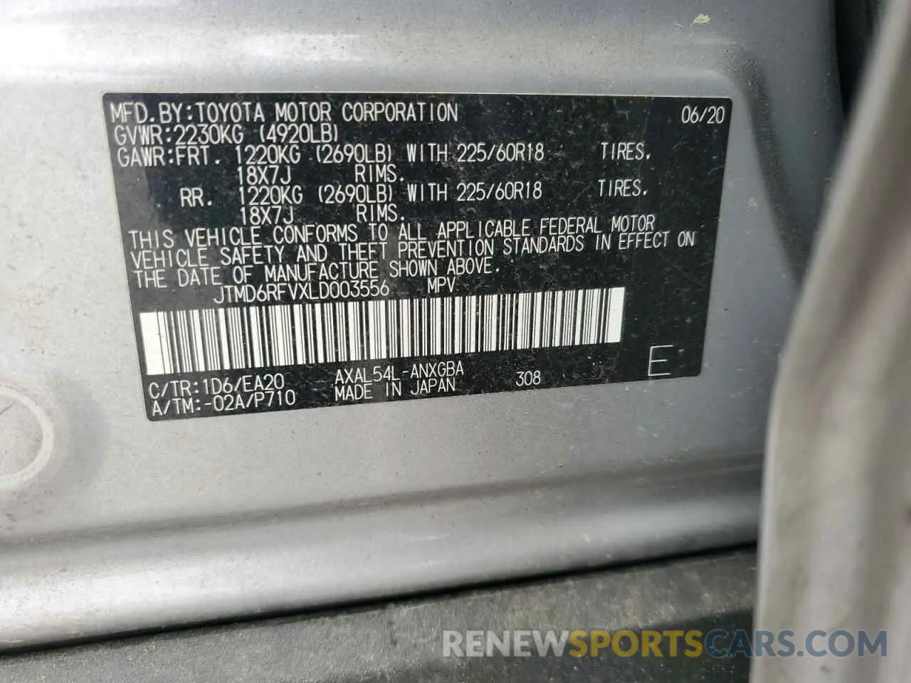 14 fotografías del automóvil dañado JTMD6RFVXLD003556 TOYOTA RAV4 2020