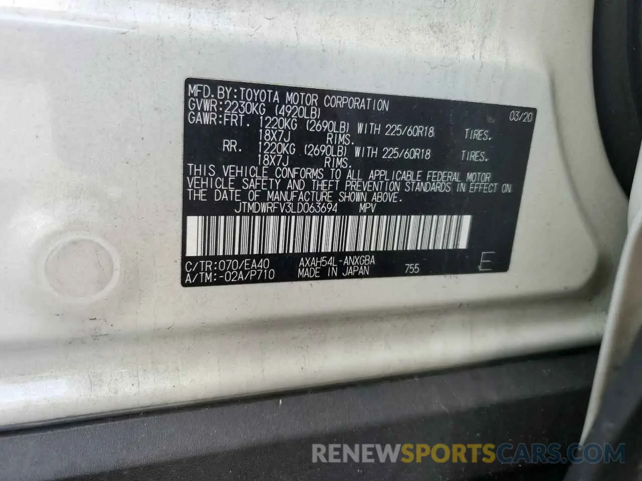 10 fotografías del automóvil dañado JTMDWRFV3LD063694 TOYOTA RAV4 2020