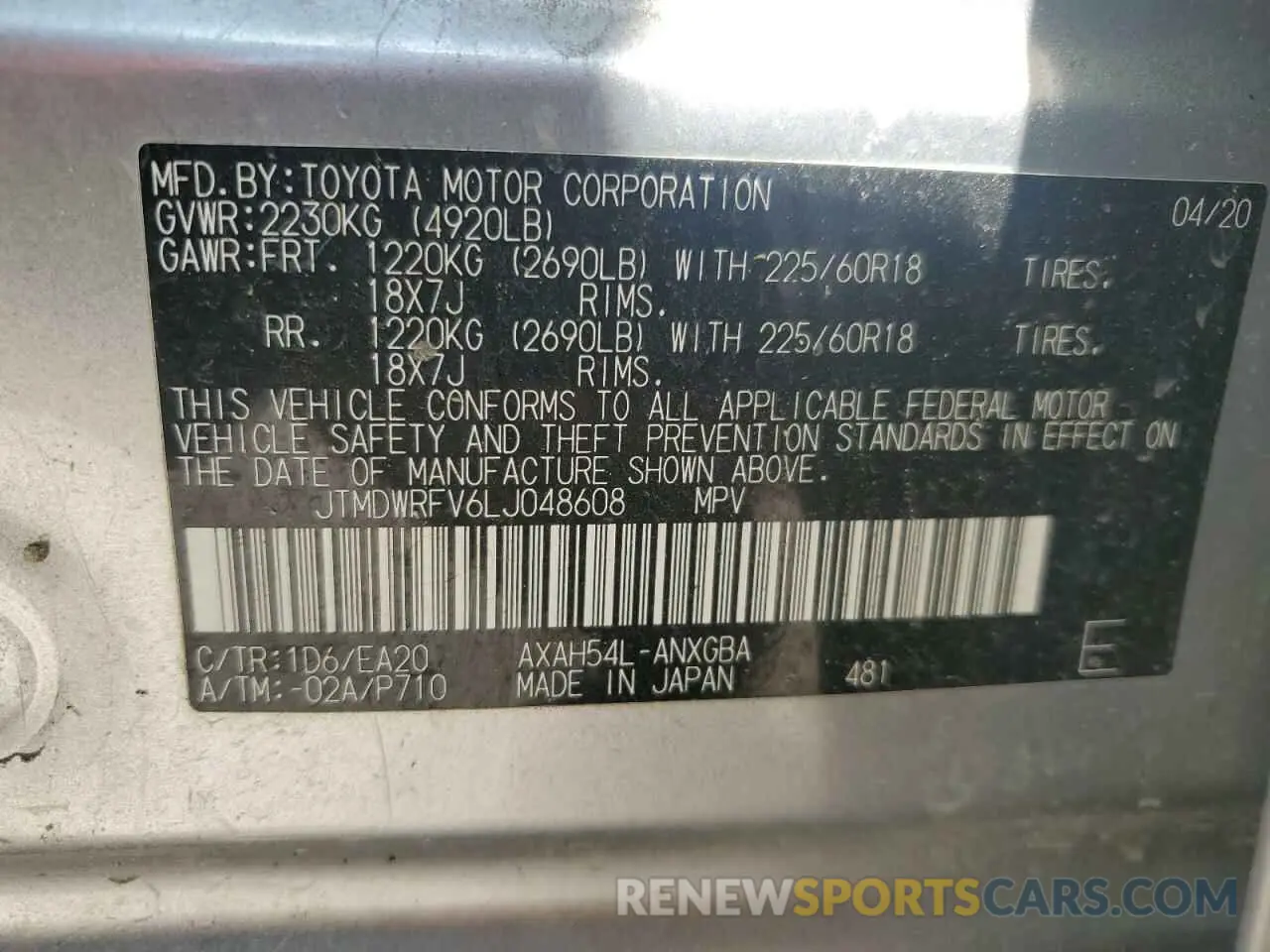 13 fotografías del automóvil dañado JTMDWRFV6LJ048608 TOYOTA RAV4 2020
