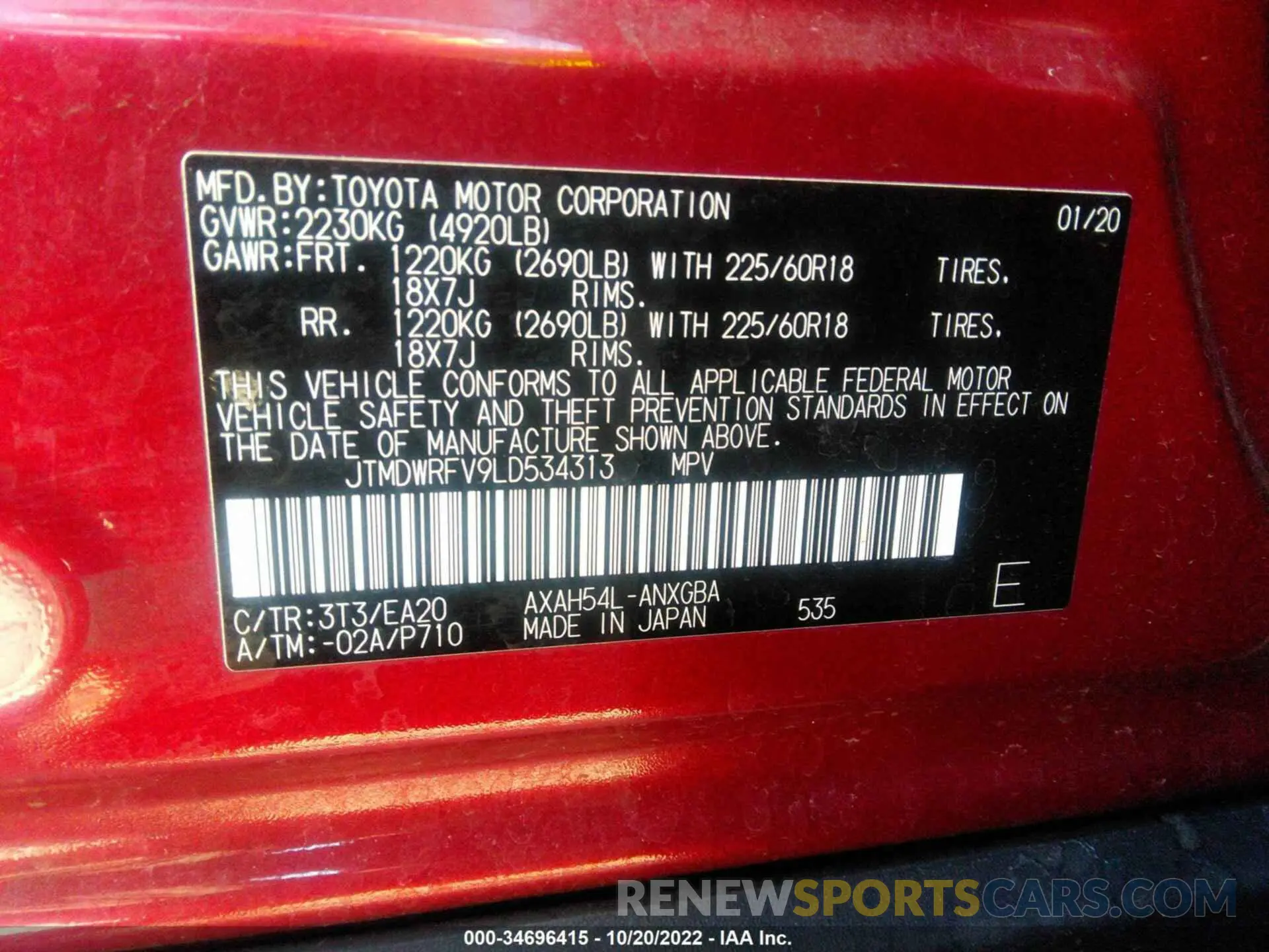 9 fotografías del automóvil dañado JTMDWRFV9LD534313 TOYOTA RAV4 2020