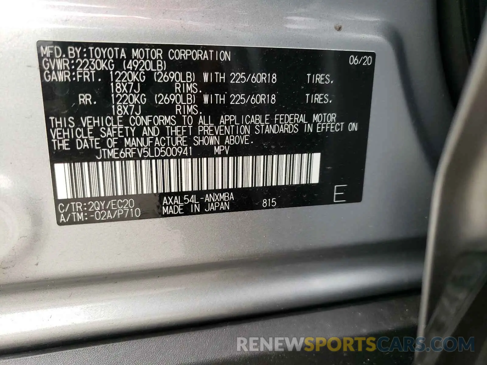 10 fotografías del automóvil dañado JTME6RFV5LD500941 TOYOTA RAV4 2020