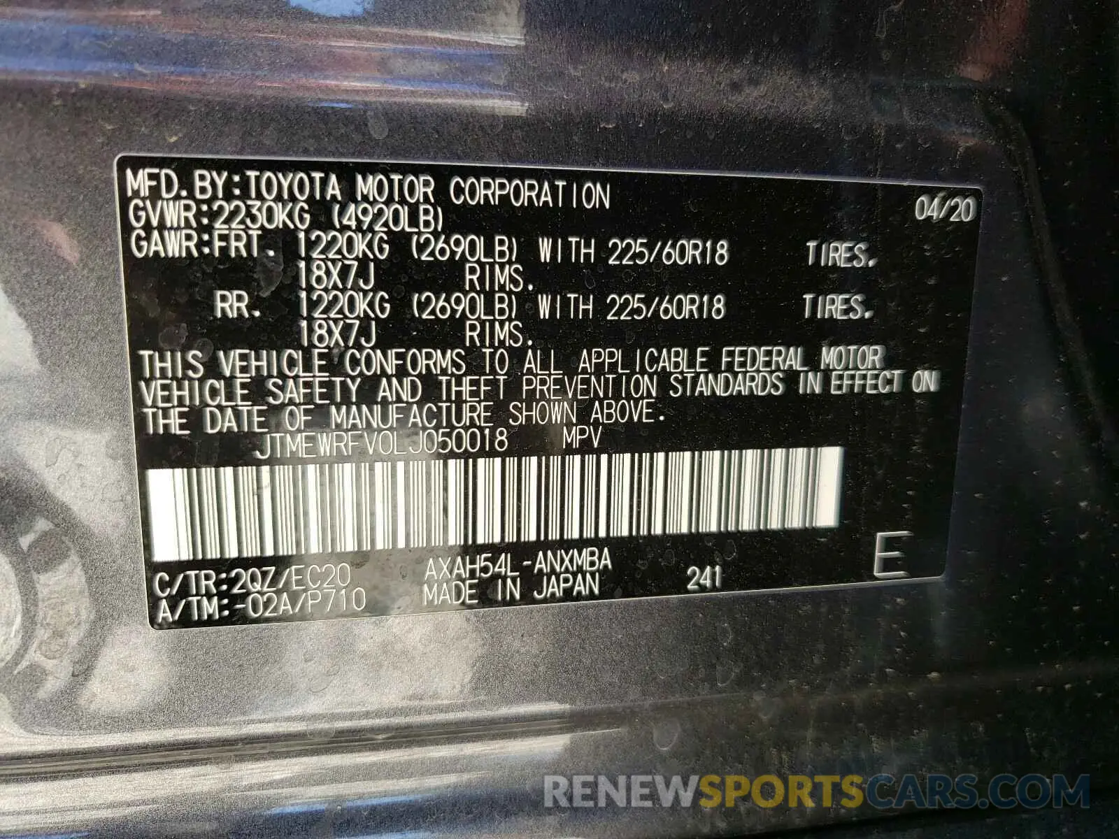 10 fotografías del automóvil dañado JTMEWRFV0LJ050018 TOYOTA RAV4 2020