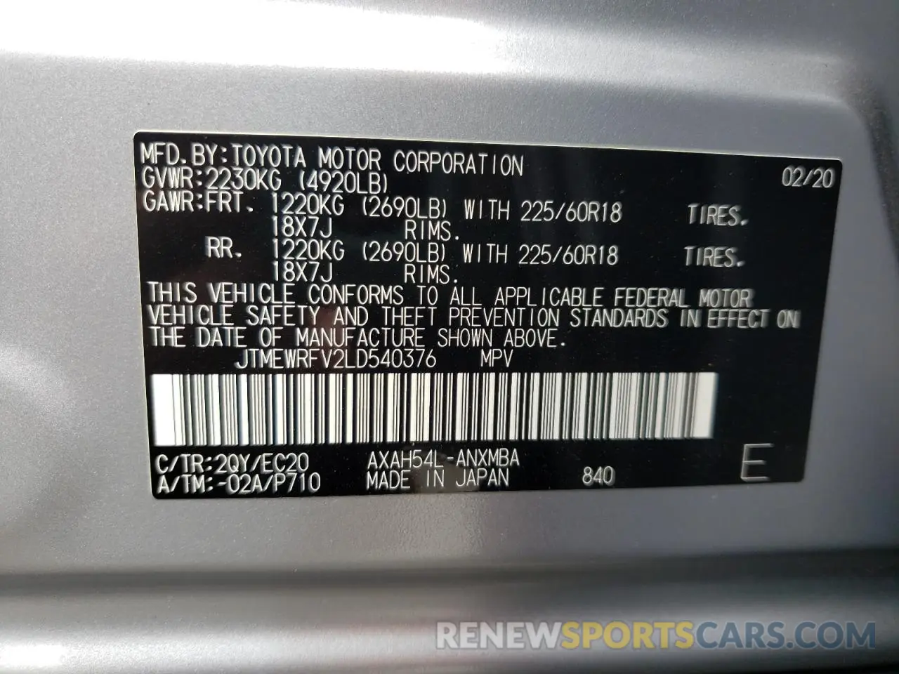 10 fotografías del automóvil dañado JTMEWRFV2LD540376 TOYOTA RAV4 2020