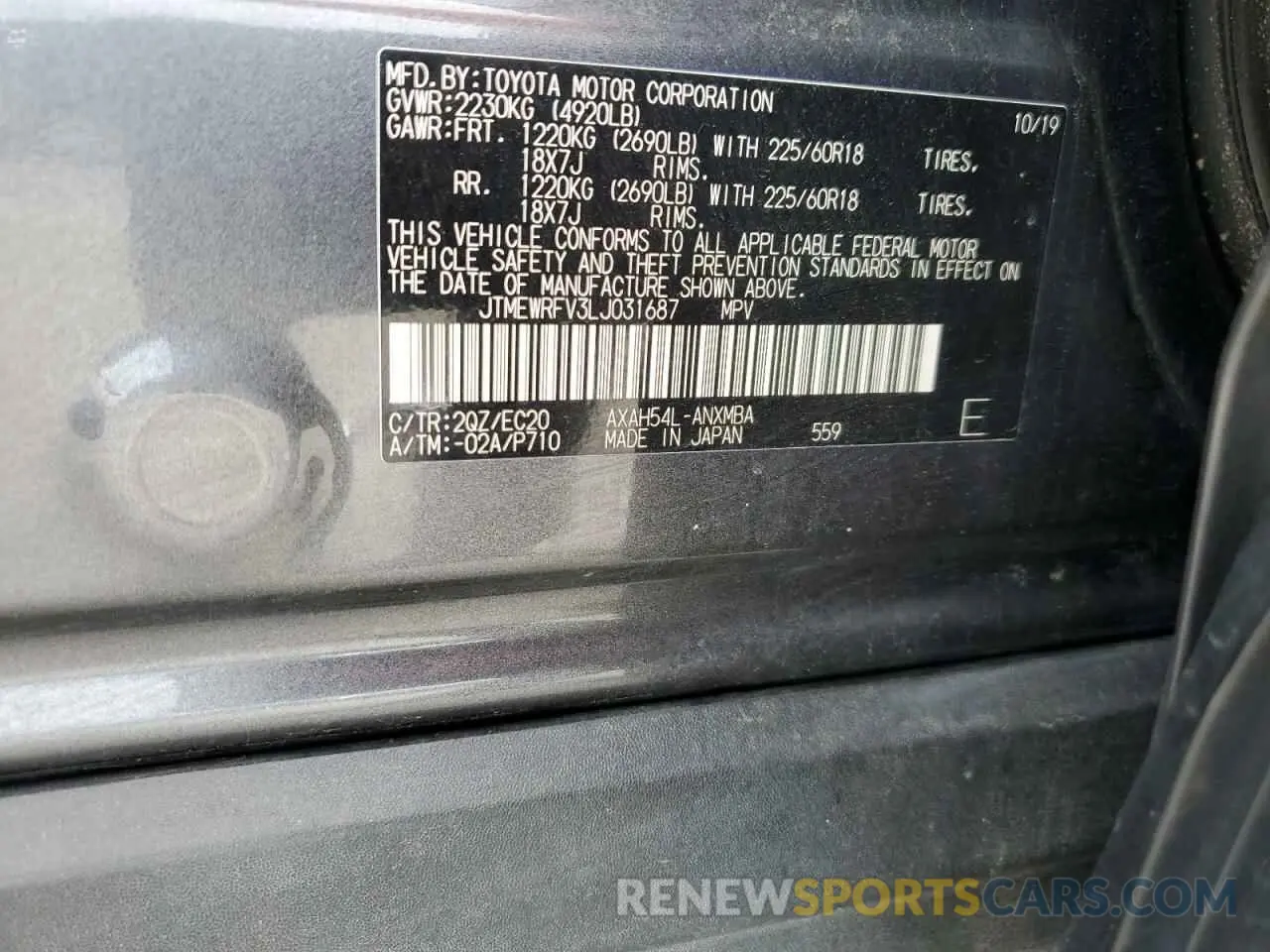 13 fotografías del automóvil dañado JTMEWRFV3LJ031687 TOYOTA RAV4 2020