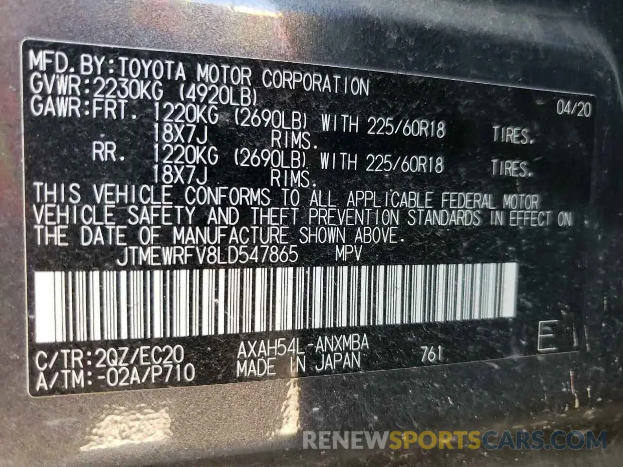 10 fotografías del automóvil dañado JTMEWRFV8LD547865 TOYOTA RAV4 2020