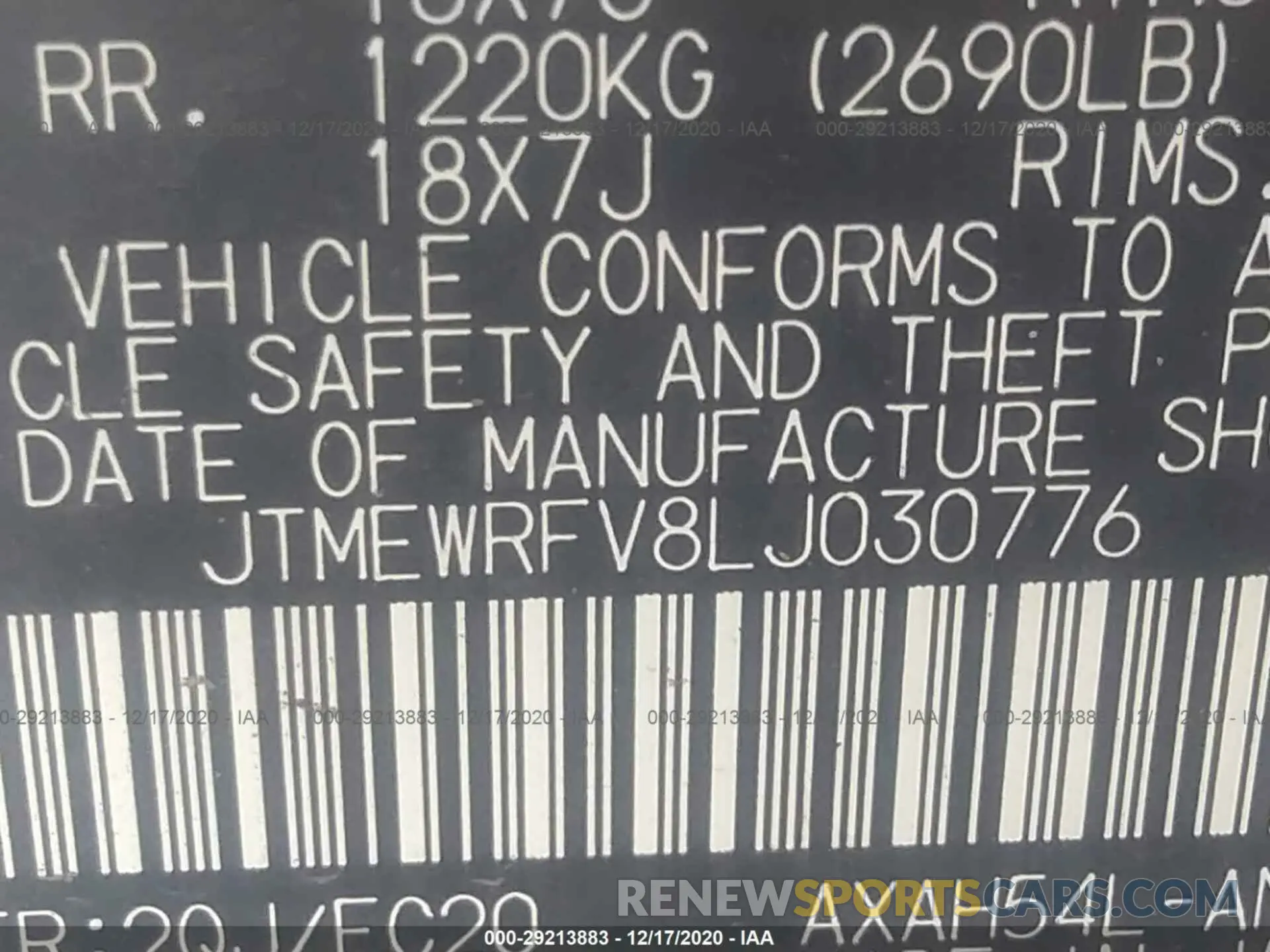 9 fotografías del automóvil dañado JTMEWRFV8LJ030776 TOYOTA RAV4 2020