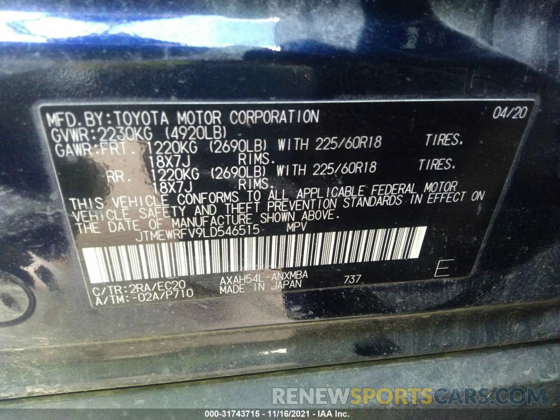 9 fotografías del automóvil dañado JTMEWRFV9LD546515 TOYOTA RAV4 2020