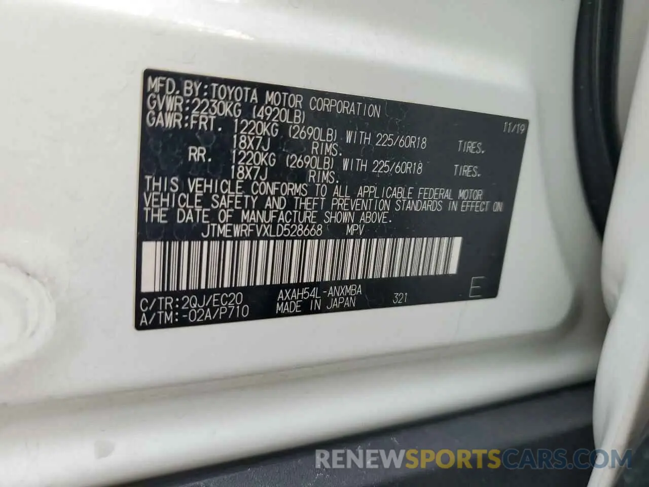 15 fotografías del automóvil dañado JTMEWRFVXLD528668 TOYOTA RAV4 2020