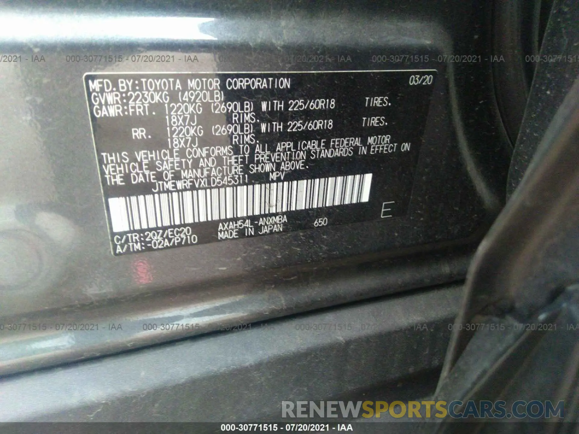9 fotografías del automóvil dañado JTMEWRFVXLD545311 TOYOTA RAV4 2020