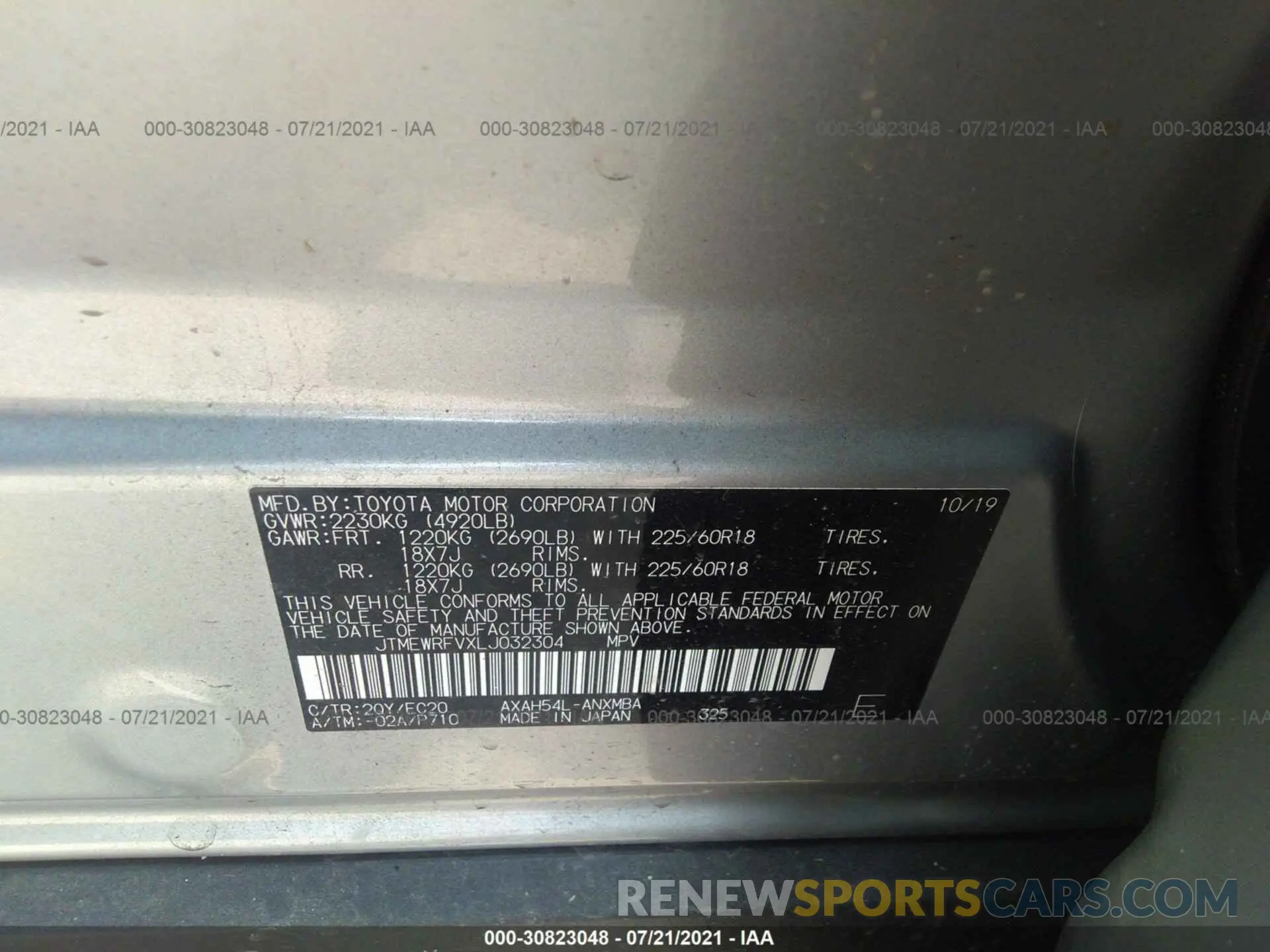 9 fotografías del automóvil dañado JTMEWRFVXLJ032304 TOYOTA RAV4 2020